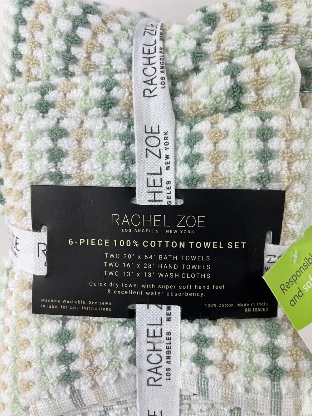 Rachel Zoe Bath Towel Set Green Tan White Waffle Soft 100% Cotton 6 Pc NEW